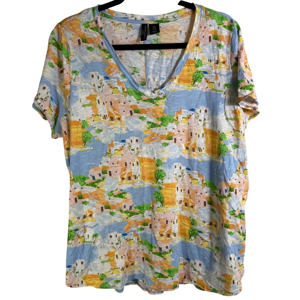 Cynthia Rowley Woman 1X V-Neck Scenic Mediterranean Print Cotton Slub Tee Blue
